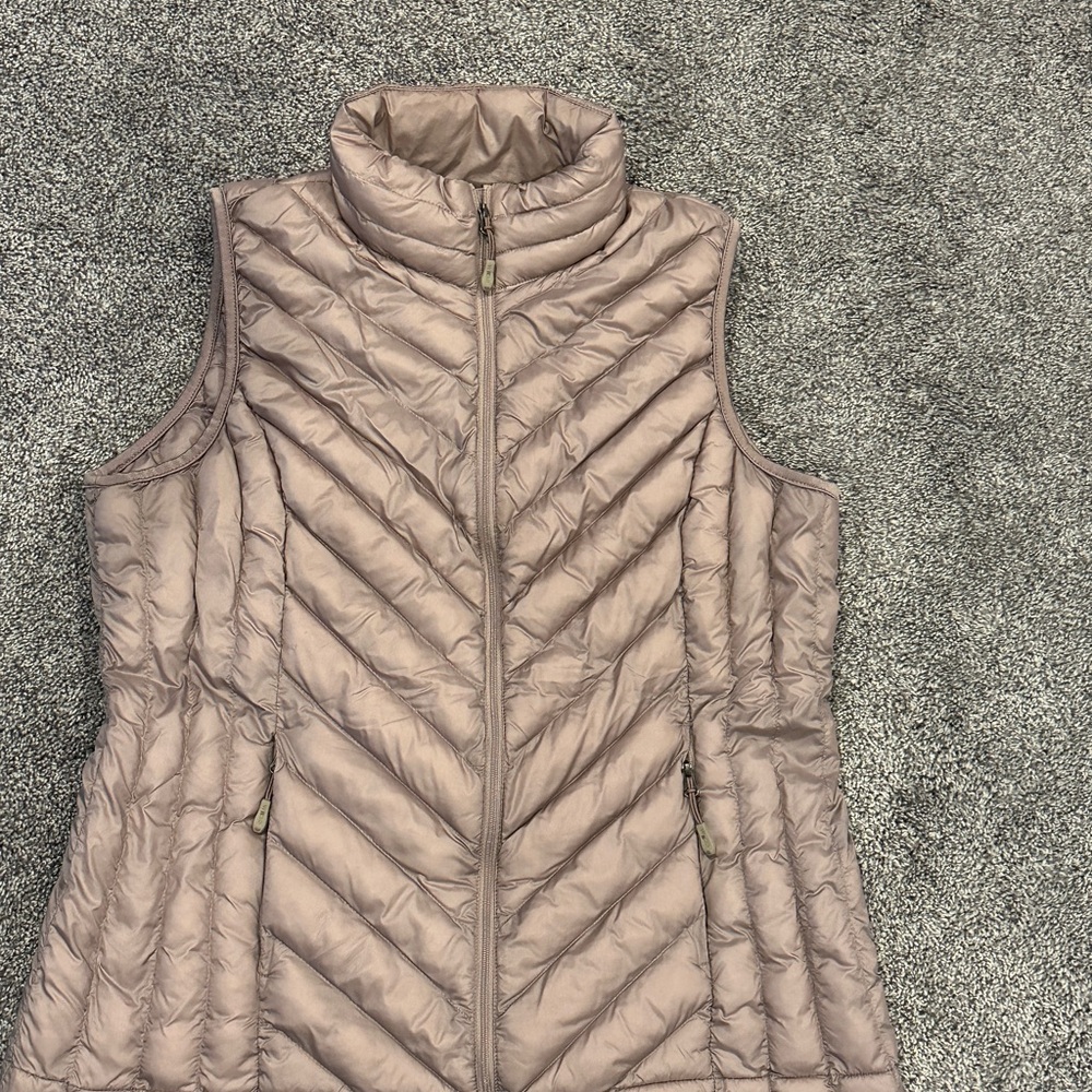 32 Degrees Tan Puffer Vest with Chevron Quilting and High Collar